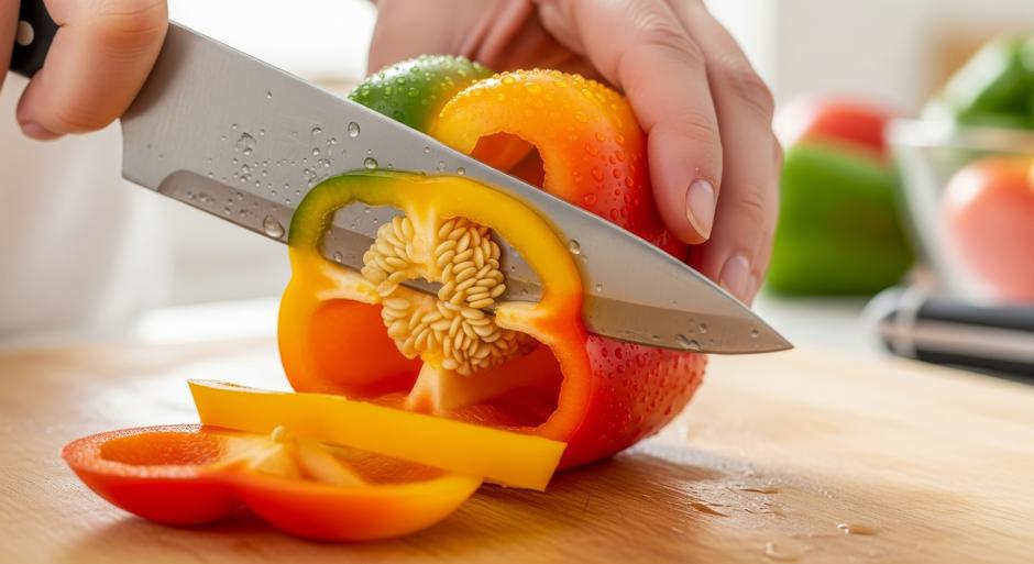 Close-up of a Hand Slicing a Fresh Colorful Bell Pepper. | Author: Muhammad Irfhan / Vecteezy