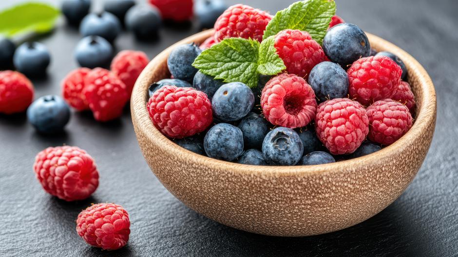 Fresh raspberry blueberry bowl mint garnish vibrant mixed berry snack | Author: Siraphol Siricharattakul / Vecteezy