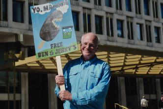 Ben Cohen, co-founder of Ben & Jerry's, protests against the Magnum Ice Cream Company capital markets day outside a hotel in Grosvenor Square, in London