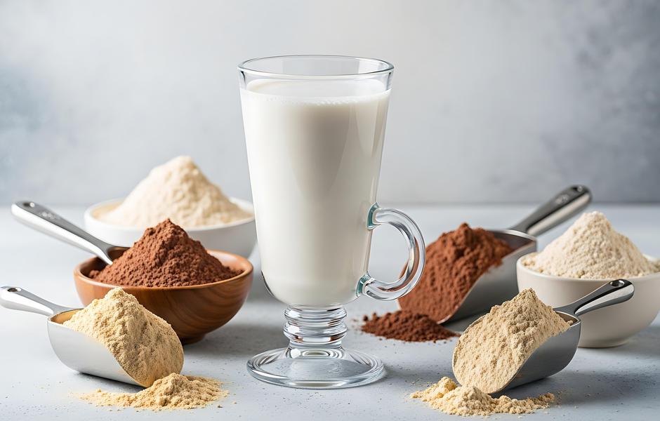 A tall glass of creamy white beverage surrounded by scoops of various colorful protein powders and ingredients | Author: MD AL AMIN / Vecteezy