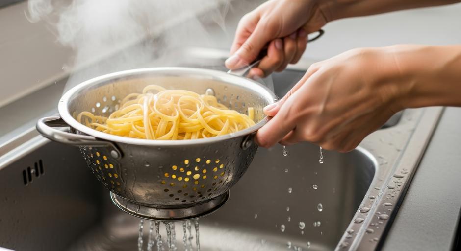 Hands draining hot spaghetti in a colander over a kitchen sink. | Author: Muhammad Irfhan / Vecteezy