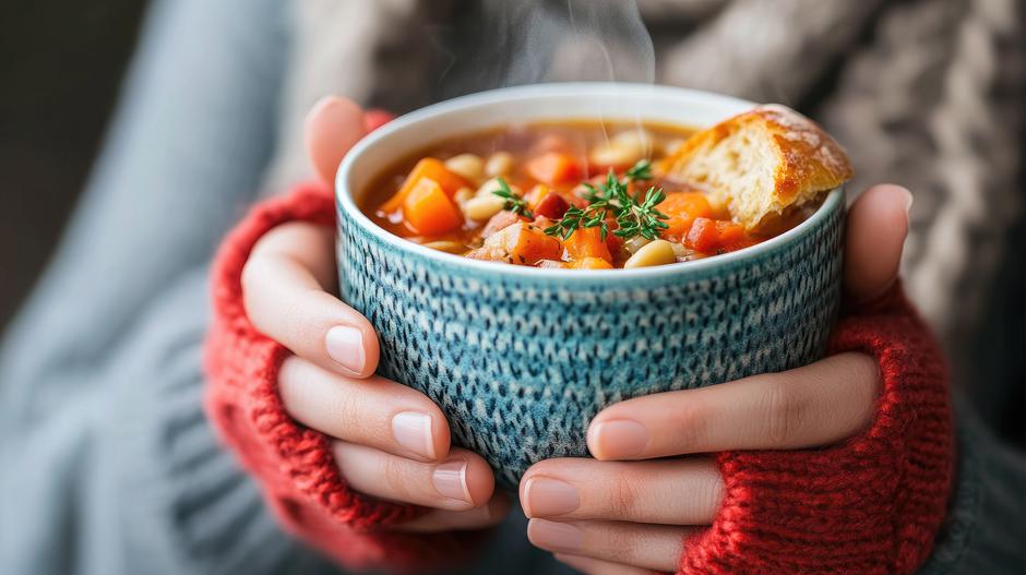 Comfort food bowl of hot soup with bread in hands for healthy meal nutrition and warmth | Author: Ahmad Juliyanto /  Vecteezy