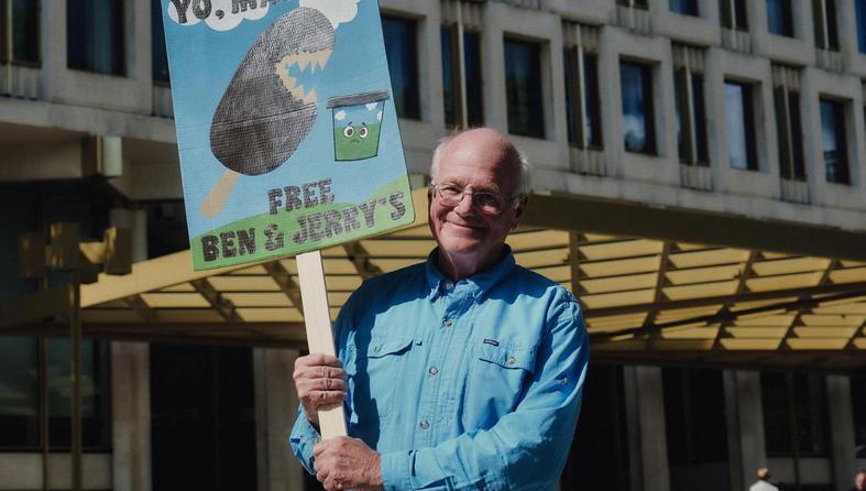 Ben Cohen, co-founder of Ben & Jerry's, protests against the Magnum Ice Cream Company capital markets day outside a hotel in Grosvenor Square, in London