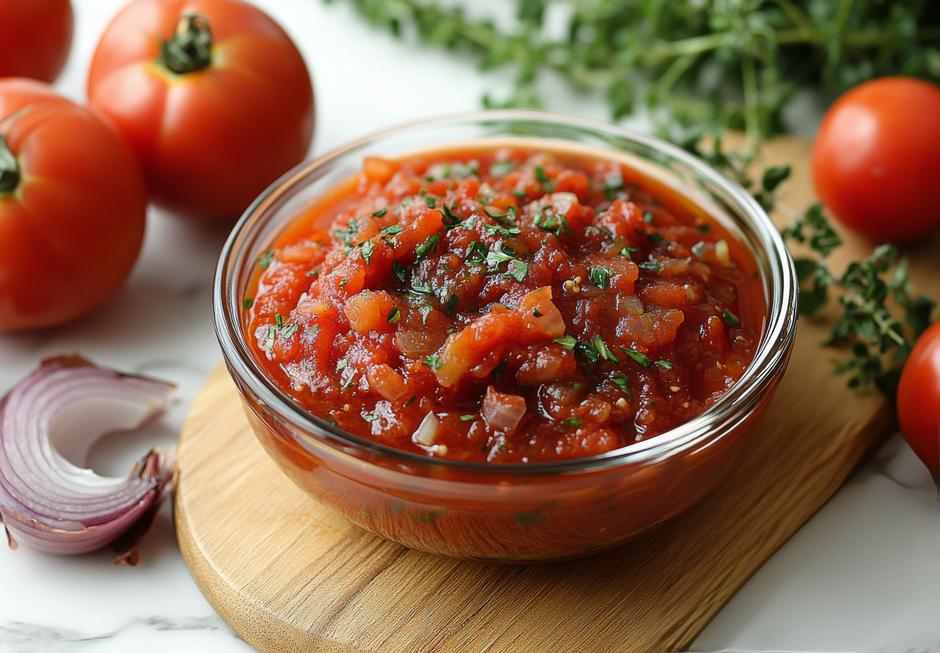 Freshly made tomato salsa with herbs and onions displayed in a clear bowl on a wooden cutting board | Author: Oleg Gapeenko / Vecteezy