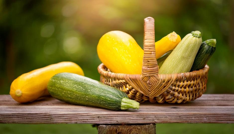 A basket filled with freshly harvested yellow squash and zucchin | Author: Ana Ara / Vecteezy