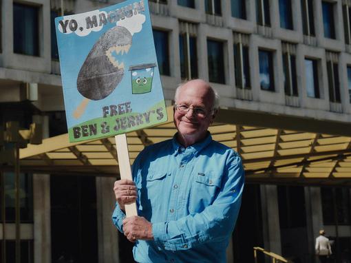 Ben Cohen, co-founder of Ben & Jerry's, protests against the Magnum Ice Cream Company capital markets day outside a hotel in Grosvenor Square, in London