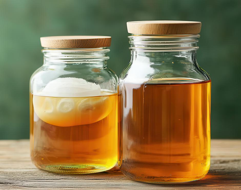 Kombucha jars with SCOBY and amber liquid on wooden table with green background | Author: Adisake Talesoon / Vecteezy