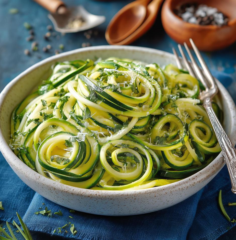 Zucchini Noodles Topped With Herbs and Olive Oil in a Rustic Kitchen Setting | Author: Yulia Gapeenko / Vecteezy